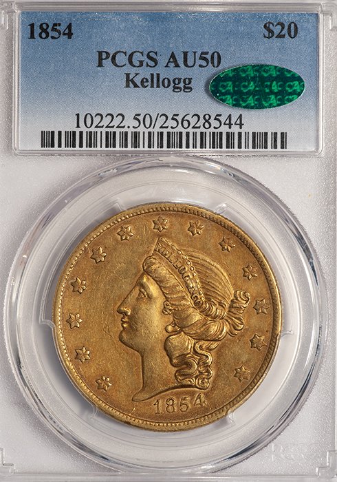 Double Eagle. 1854 Kellogg $20.00 gold coin. PCGS AU50 CAC.