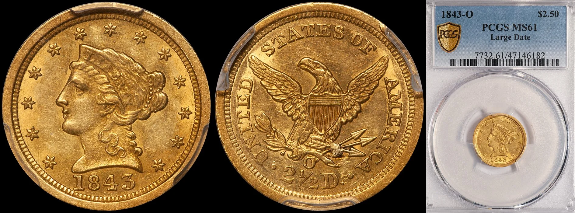 Quarter Eagle. 1843-O New Orleans $2.50 gold coin. PCGS MS61. (Copy)