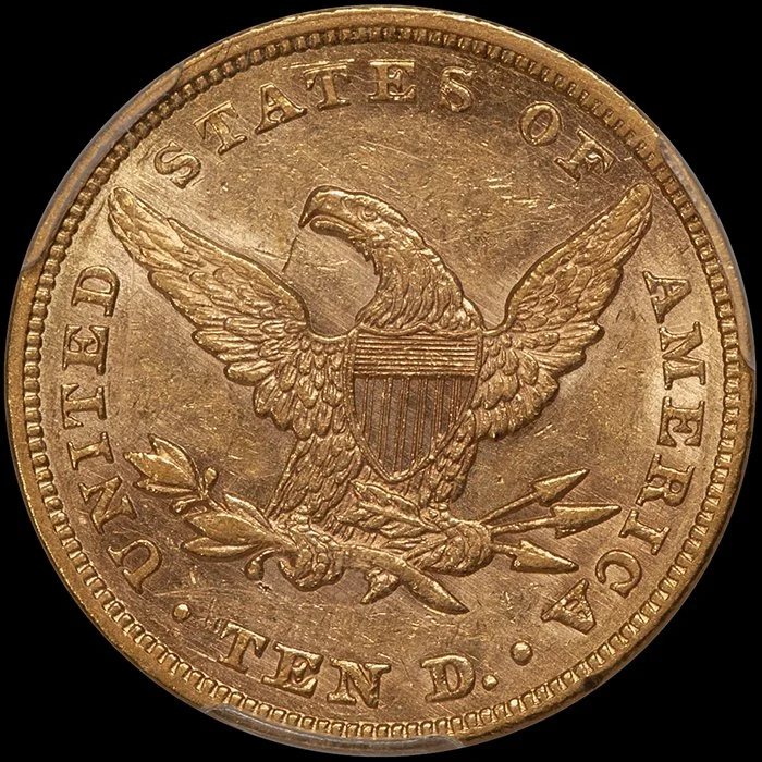 Eagle. 1860 $10 gold coin. PCGS AU58.