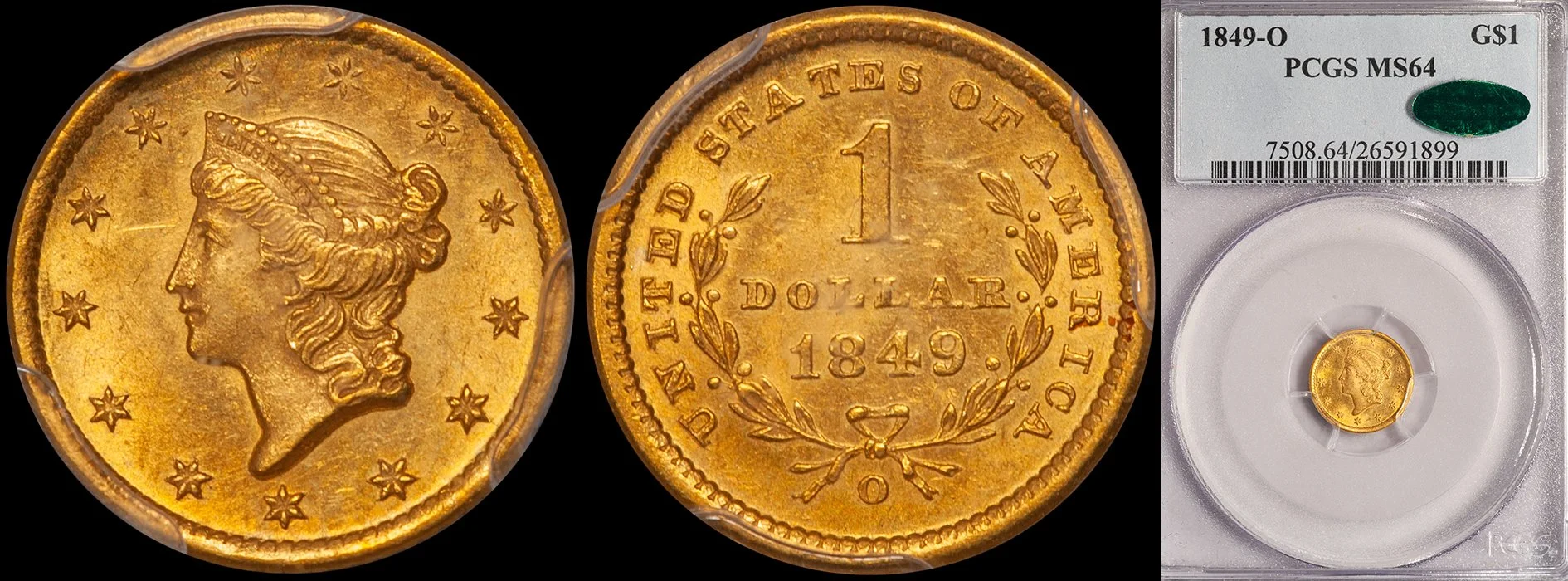 Gold Dollar. 1849-O New Orleans $1 gold coin. PCGS MS64 CAC.