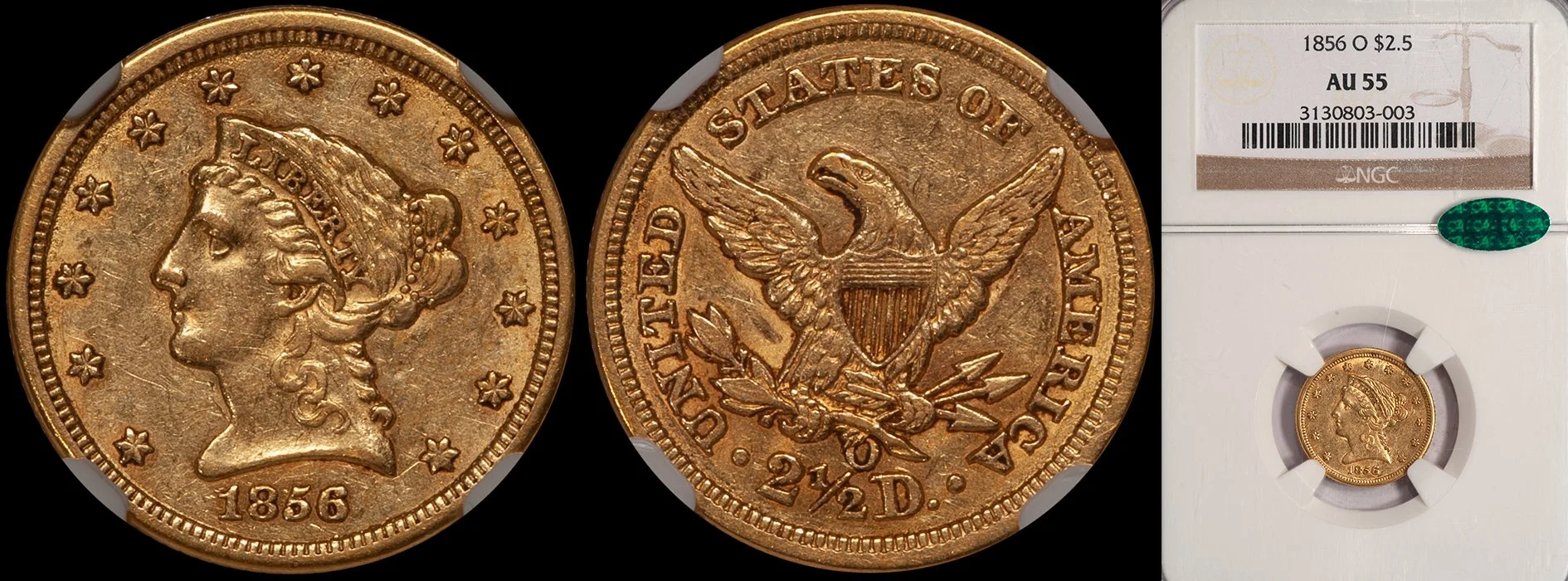 Quarter Eagle. 1856-O New Orleans $2.50 gold coin. NGC AU55 CAC.