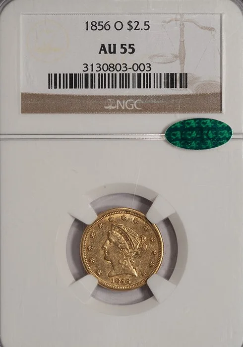 Quarter Eagle. 1856-O New Orleans $2.50 gold coin. NGC AU55 CAC.