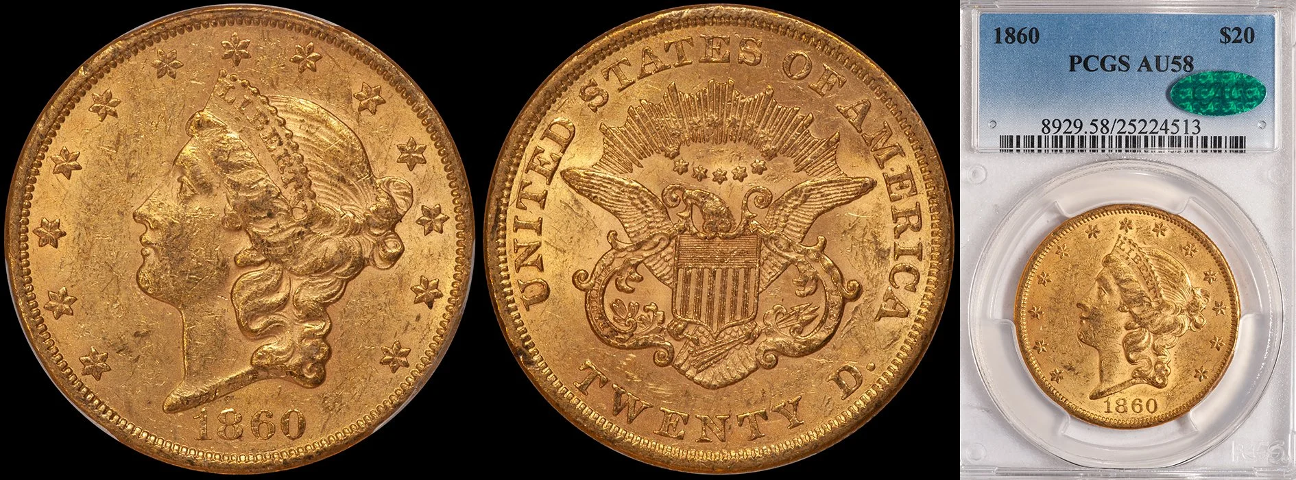 Double Eagle. 1860 $20 gold coin. PCGS AU58 CAC.