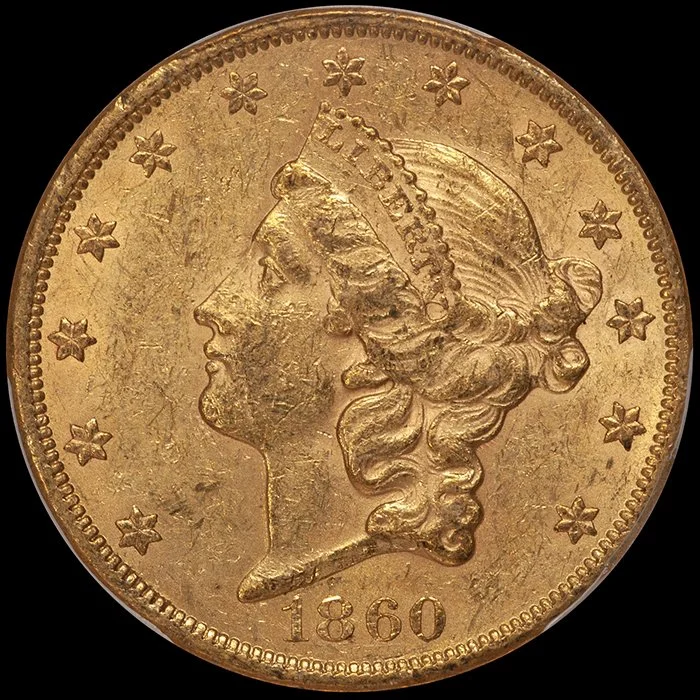 Double Eagle. 1860 $20 gold coin. PCGS AU58 CAC.