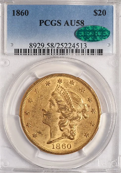 Double Eagle. 1860 $20 gold coin. PCGS AU58 CAC.