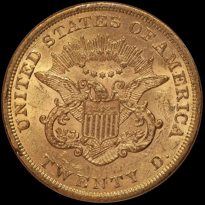 Double Eagle. 1860 $20 gold coin. PCGS AU58 CAC.