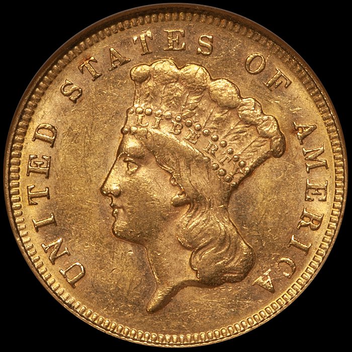 Three Dollars. 1871 $3 gold coin. NGC AU55. CAC gold sticker.