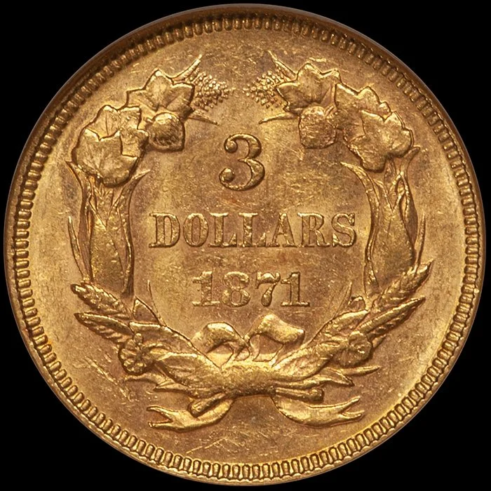 Three Dollars. 1871 $3 gold coin. NGC AU55. CAC gold sticker.