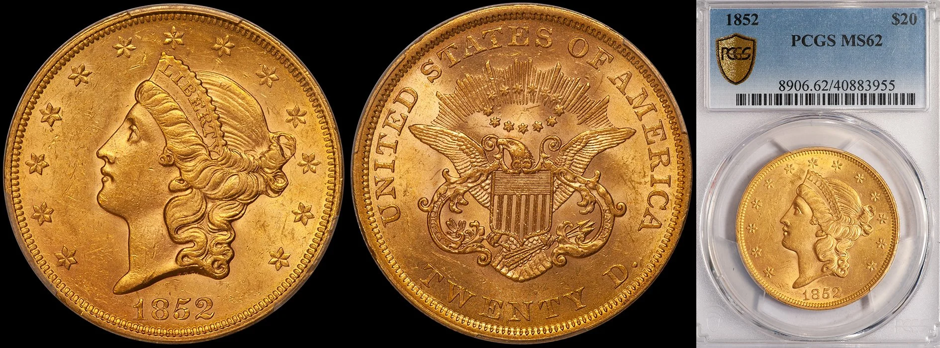 Double Eagle. 1852 $20 gold coin. PCGS MS62.