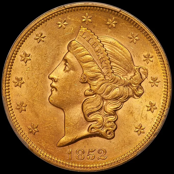 Double Eagle. 1852 $20 gold coin. PCGS MS62.