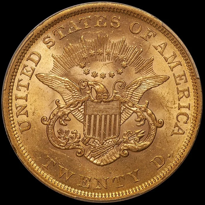 Double Eagle. 1852 $20 gold coin. PCGS MS62.
