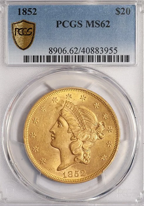 Double Eagle. 1852 $20 gold coin. PCGS MS62.