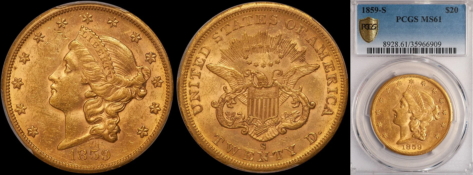 Double Eagle. 1859-S San Francisco $20 gold coin. PCGS MS61.
