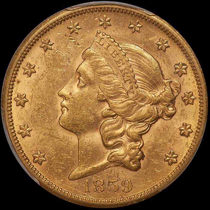 Double Eagle. 1859-S San Francisco $20 gold coin. PCGS MS61.