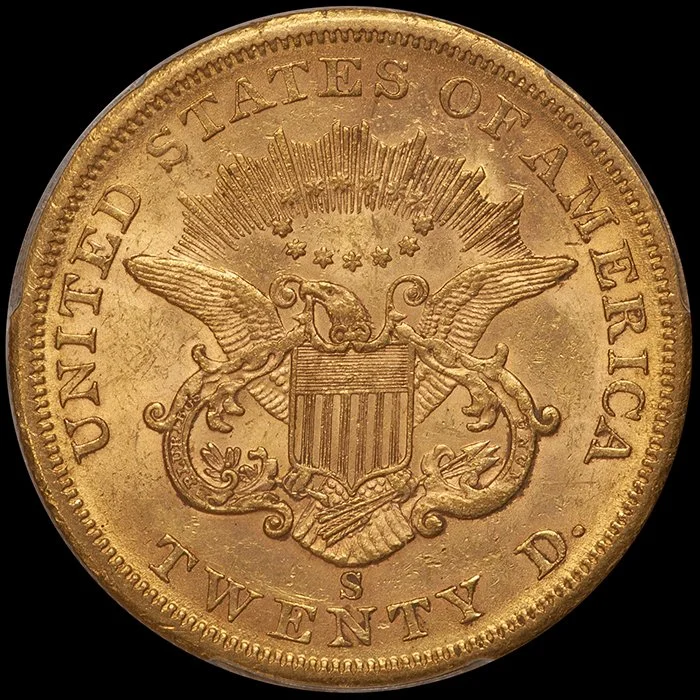 Double Eagle. 1859-S San Francisco $20 gold coin. PCGS MS61.