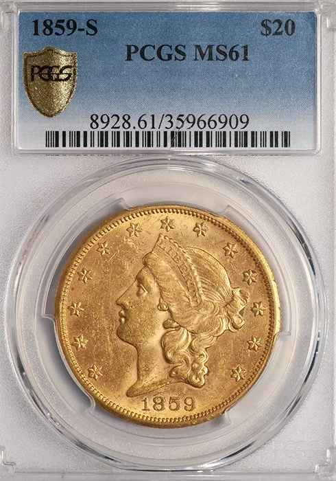Double Eagle. 1859-S San Francisco $20 gold coin. PCGS MS61.