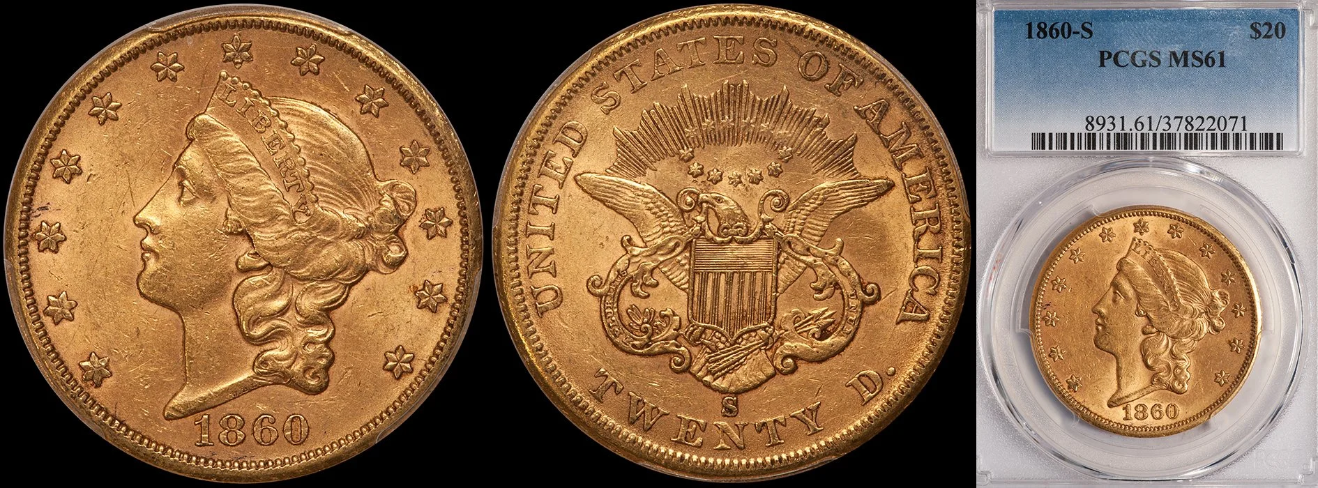 Double Eagle. 1860-S San Francisco $20 gold coin. PCGS MS61.