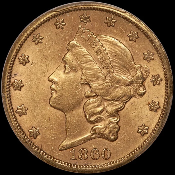Double Eagle. 1860-S San Francisco $20 gold coin. PCGS MS61.
