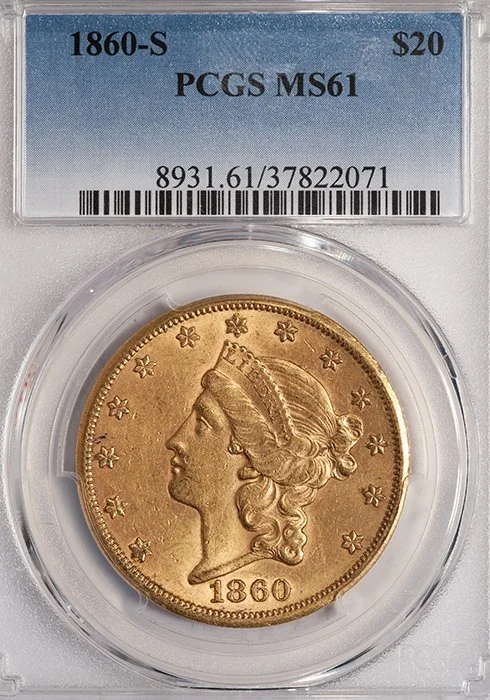 Double Eagle. 1860-S San Francisco $20 gold coin. PCGS MS61.