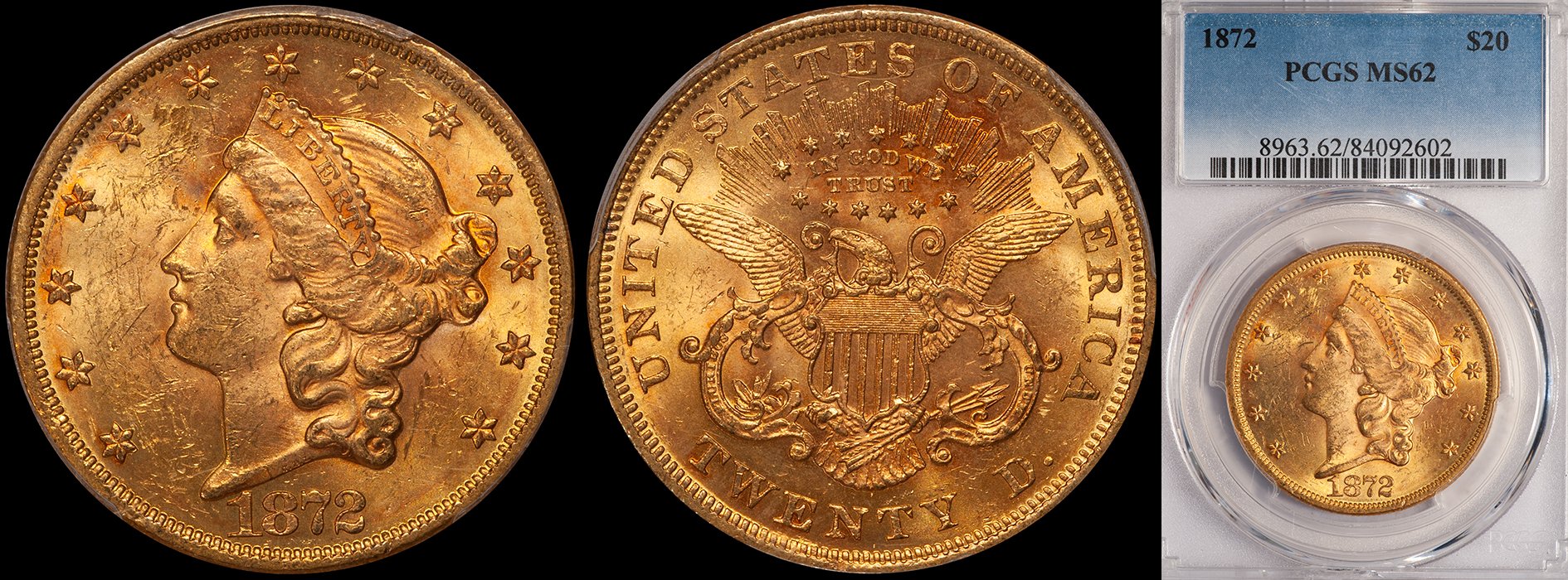 Double Eagle. 1872 $20 gold coin. PCGS MS62.