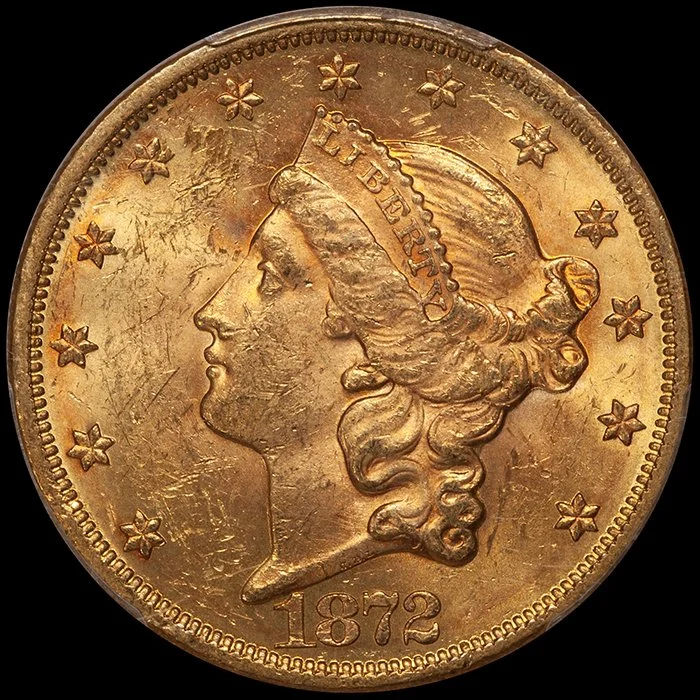 Double Eagle. 1872 $20 gold coin. PCGS MS62.