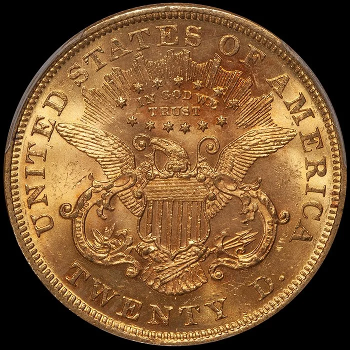 Double Eagle. 1872 $20 gold coin. PCGS MS62.