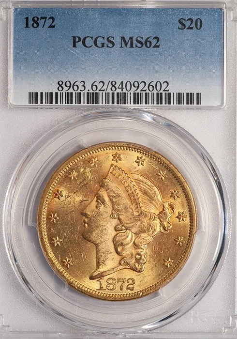 Double Eagle. 1872 $20 gold coin. PCGS MS62.