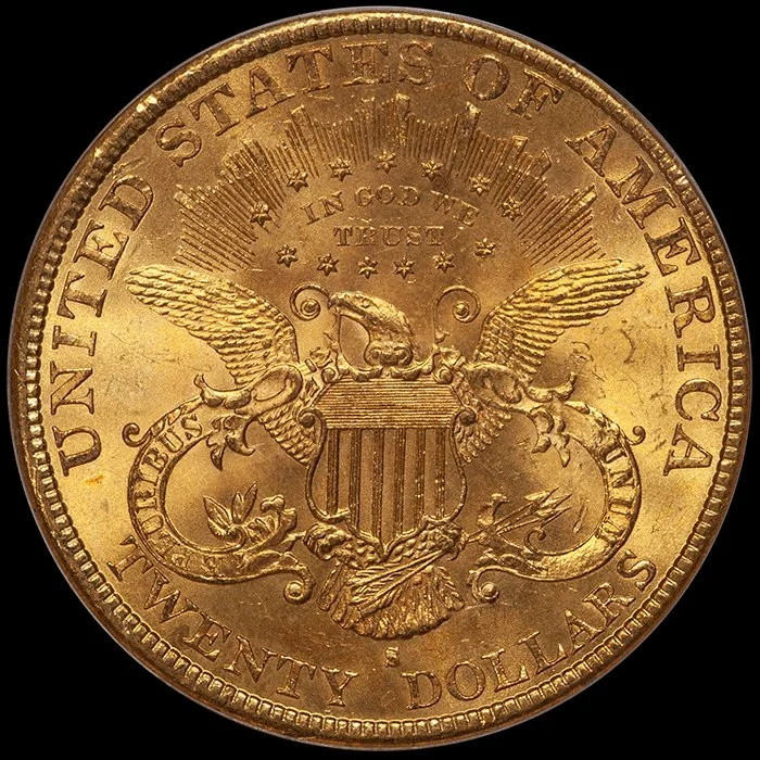 Double Eagle. 1859-S San Francisco $20 gold coin. PCGS MS63 CAC. OGH.