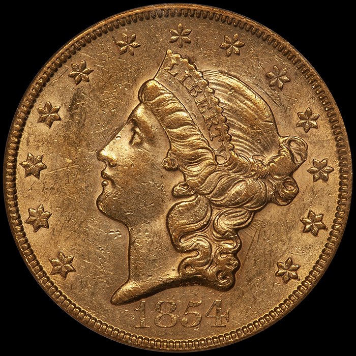 Double Eagle. 1854 Large Date $20 gold coin. PCGS AU55.