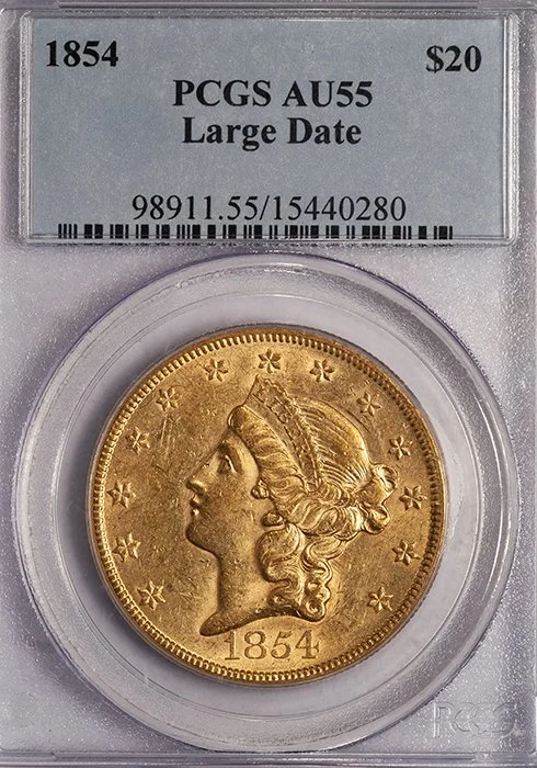 Double Eagle. 1854 Large Date $20 gold coin. PCGS AU55.
