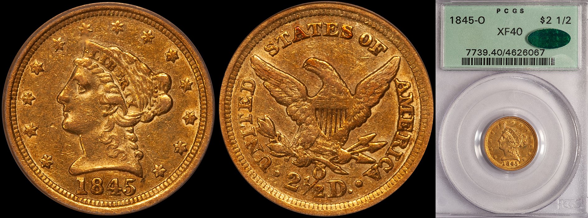 Quarter Eagle. 1845-O New Orleans $2.50 gold coin. PCGS EF45 CAC. (Copy)