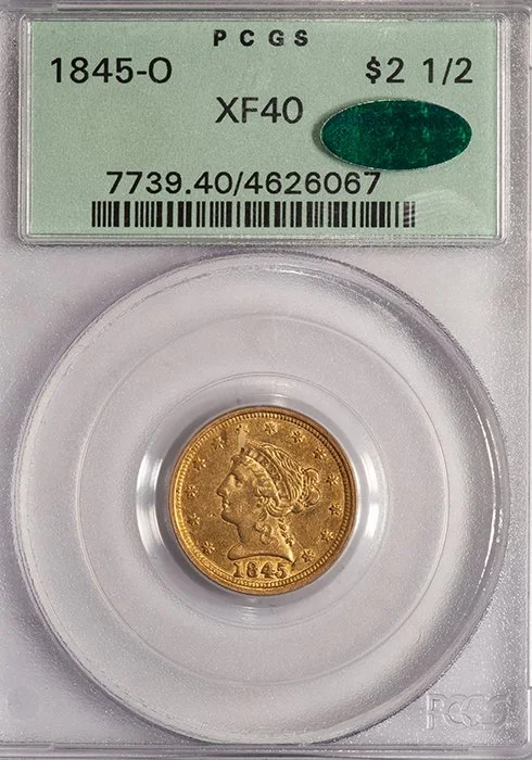 Quarter Eagle. 1845-O New Orleans $2.50 gold coin. PCGS EF45 CAC. (Copy)