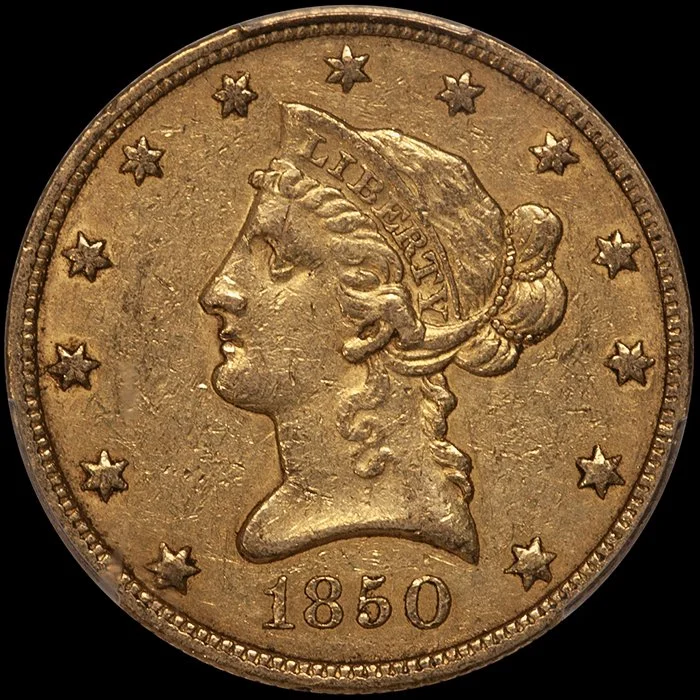 Eagle. 1850 $10 gold coin. Small Date. PCGS AU50 CAC.