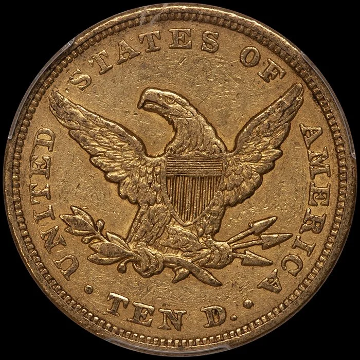 Eagle. 1850 $10 gold coin. Small Date. PCGS AU50 CAC.