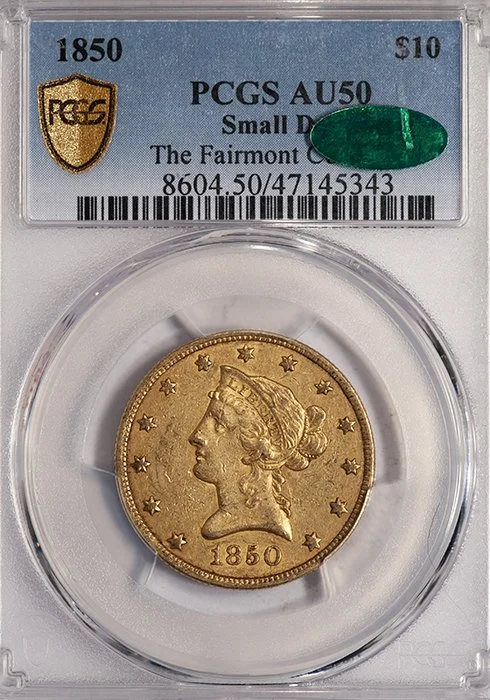 Eagle. 1850 $10 gold coin. Small Date. PCGS AU50 CAC.