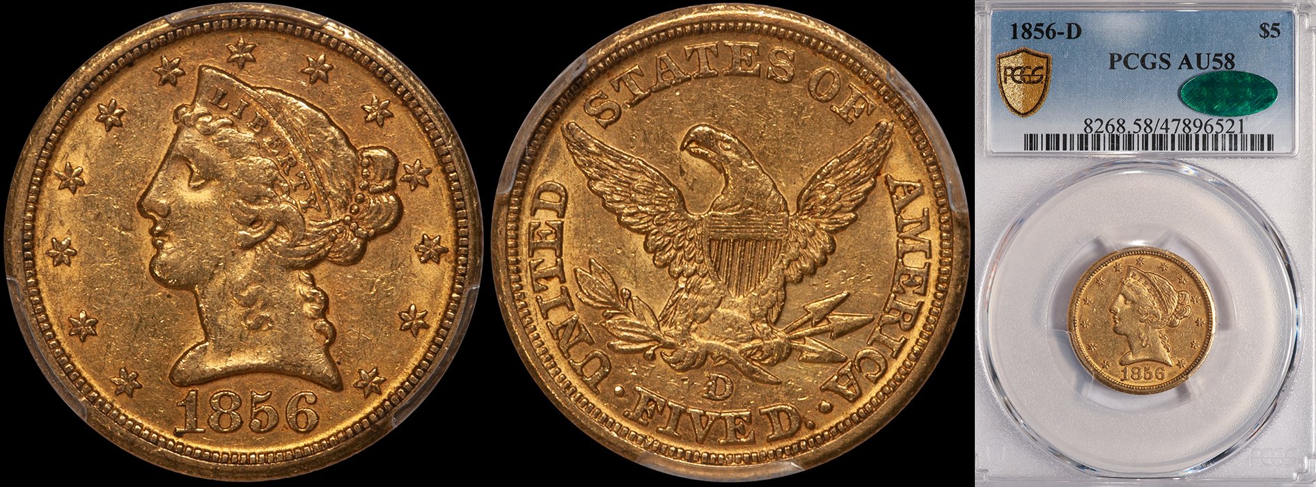 Half Eagle. 1856-D $5 Dahlonega gold coin. PCGS AU58 CAC.