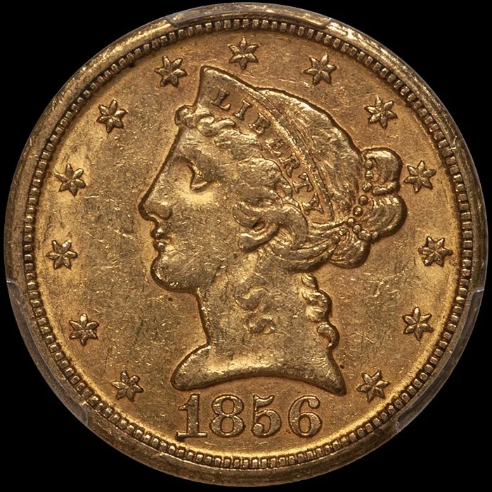 Half Eagle. 1856-D $5 Dahlonega gold coin. PCGS AU58 CAC.