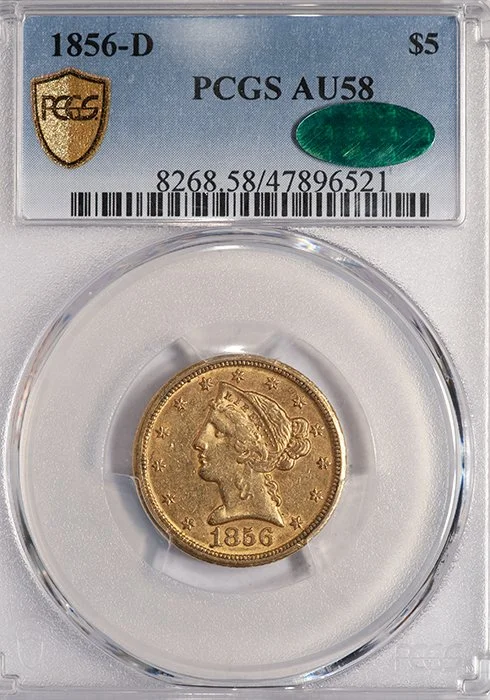Half Eagle. 1856-D $5 Dahlonega gold coin. PCGS AU58 CAC.