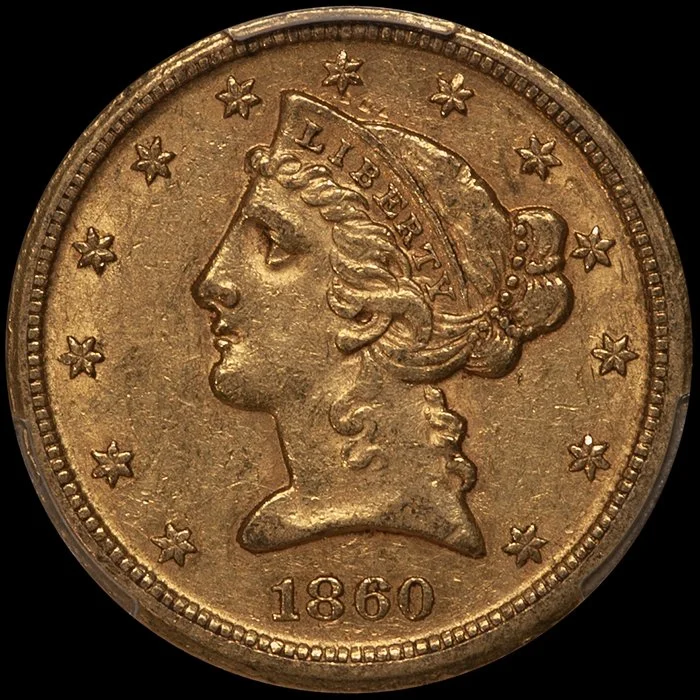 Half Eagle. 1860-D Dahlonega $5 gold coin. Medium D. PCGS AU55+ CAC.