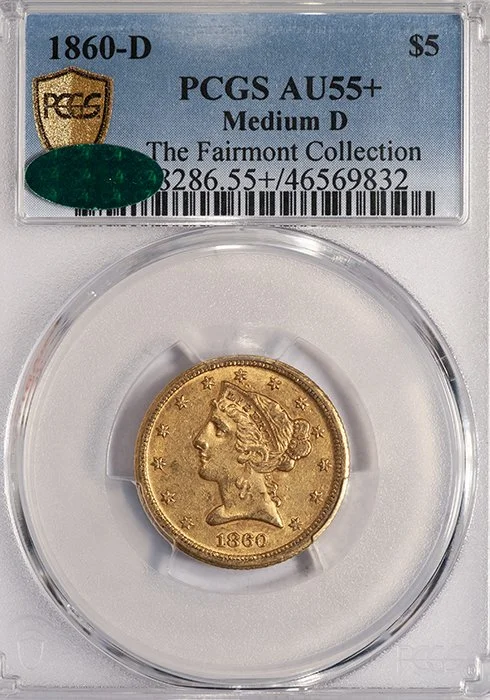 Half Eagle. 1860-D Dahlonega $5 gold coin. Medium D. PCGS AU55+ CAC.