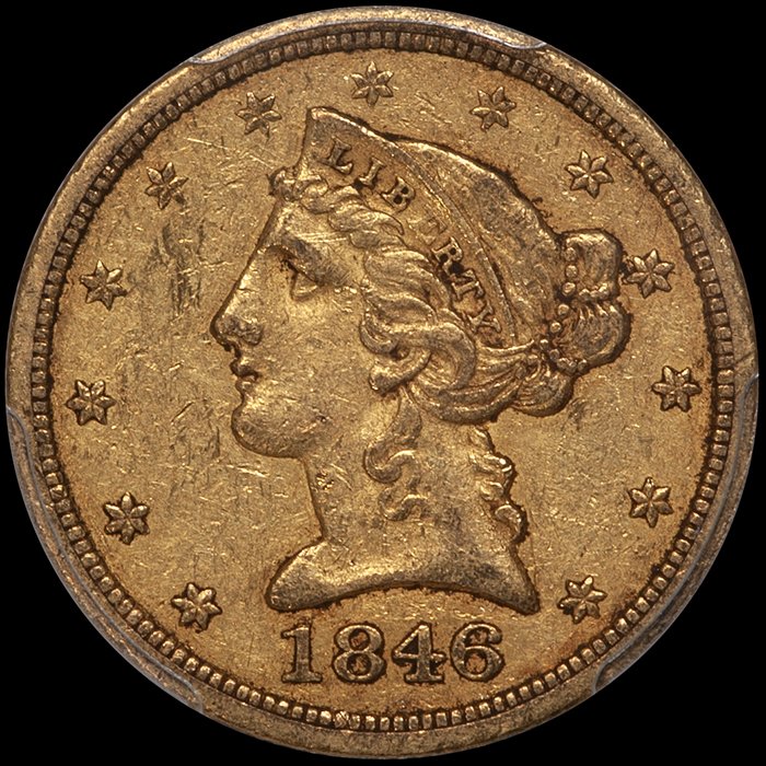 Half Eagle. 1846-O New Orleans $5 gold coin. PCGS EF45 CAC approved. Ex Fairmont.