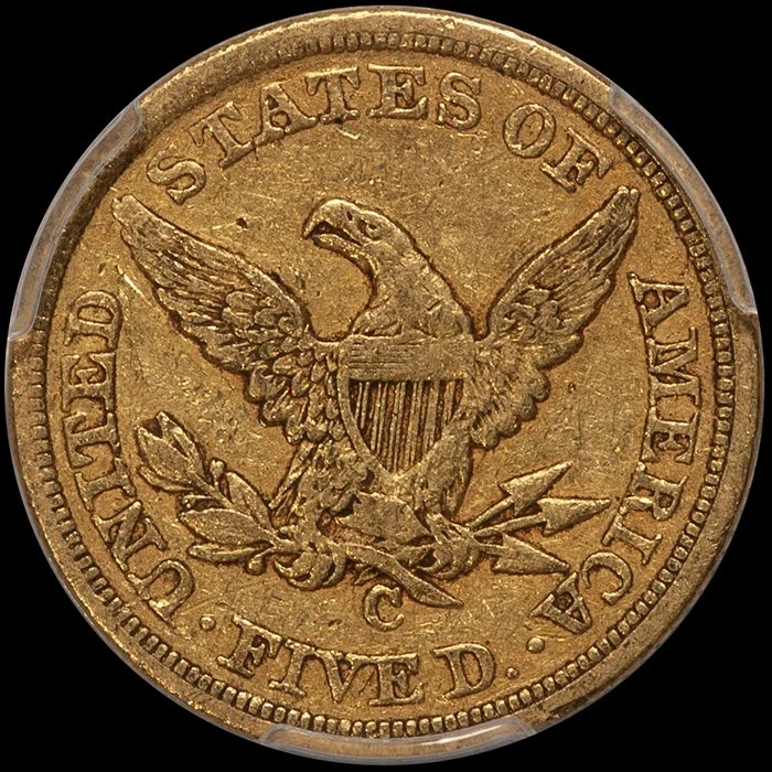 Half Eagle. 1851-C Charlotte $5 gold coin. PCGS VF35 CAC. Ex Fairmont.