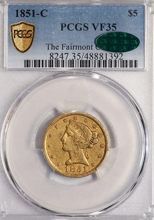 Half Eagle. 1851-C Charlotte $5 gold coin. PCGS VF35 CAC. Ex Fairmont.