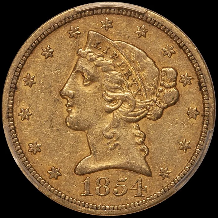 Half Eagle. 1854-O New Orleans $5 gold coin. PCGS AU53 CAC. Fairmont.