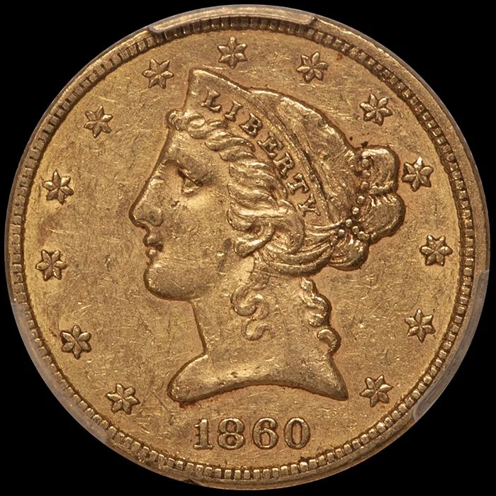 Half Eagle. 1860 $5 gold coin. PCGS AU53 CAC.