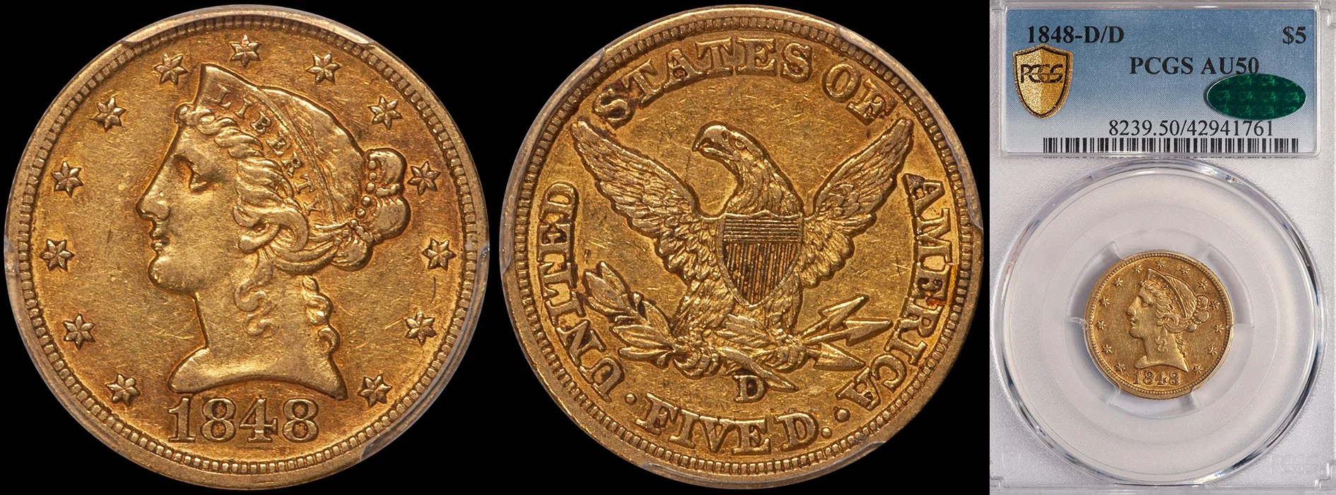 Half Eagle. 1848-D/D Dahlonega $5 gold coin. PCGS AU50 CAC.