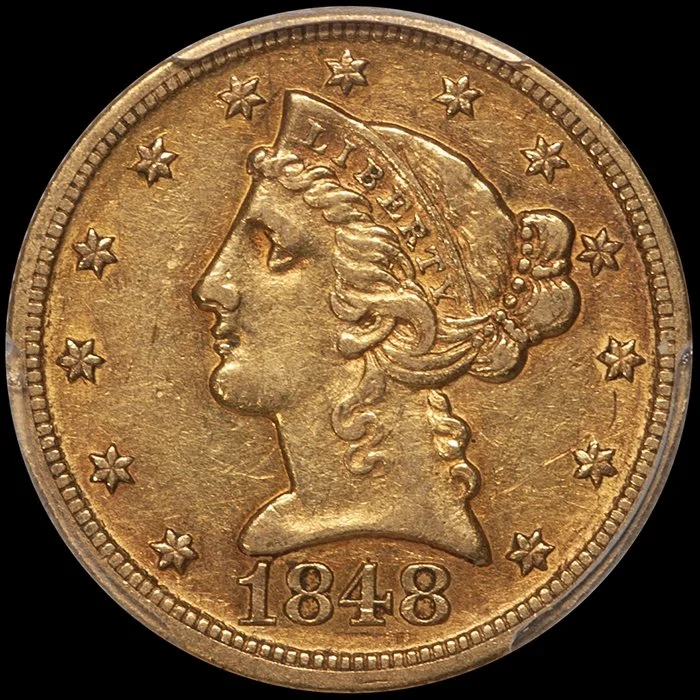 Half Eagle. 1848-D/D Dahlonega $5 gold coin. PCGS AU50 CAC.