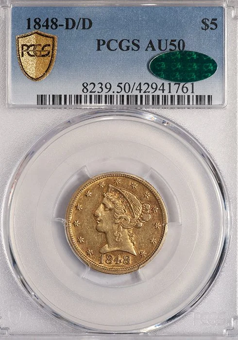 Half Eagle. 1848-D/D Dahlonega $5 gold coin. PCGS AU50 CAC.