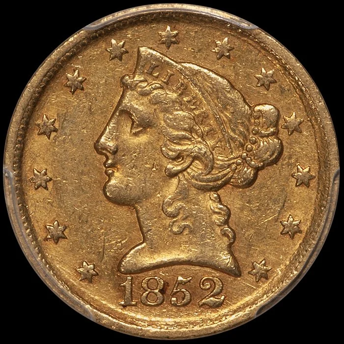 Half Eagle. 1852-D $5 Dahlonega gold coin. PCGS AU58 CAC.