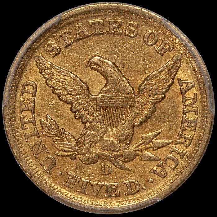 Half Eagle. 1852-D $5 Dahlonega gold coin. PCGS AU58 CAC.